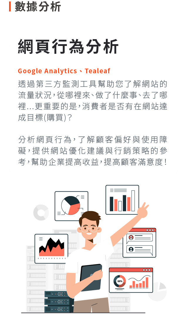 網頁行為分析:透過第三方監測工具(Google Analytics 、 Tealeaf)幫助您了解網站的流量狀況，從哪裡來、做了什麼事、去了哪裡...更重要的是，消費者是否有在網站達成目標(購買)？分析網頁行為，了解顧客偏好與使用障礙，提供網站優化建議與行銷策略的參考，幫助企業提高收益，提高顧客滿意度！