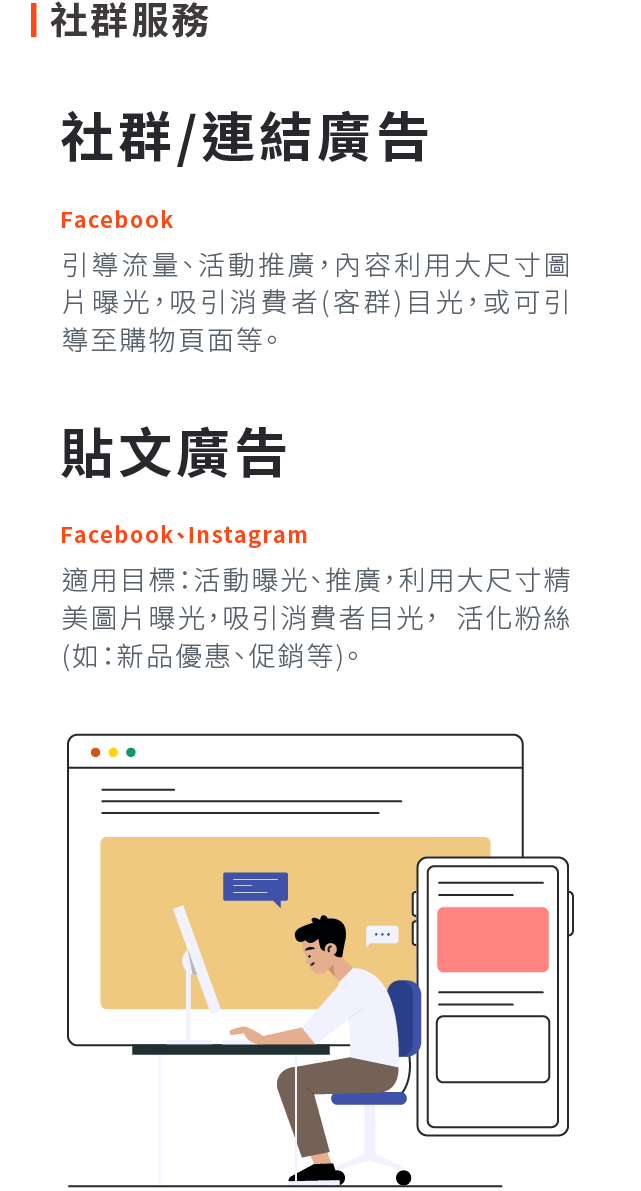 Facebook社群/連結廣告，引導流量、活動推廣，內容利用大尺寸圖片曝光，吸引消費者(客群)目光，或可引導至購物頁面等。Facebook、Instagram貼文廣告，適用目標：活動曝光、推廣，利用大尺寸精美圖片曝光，吸引消費者目光， 活化粉絲 。(如：新品優惠、促銷等)。