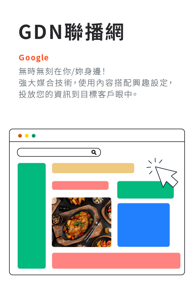 google GDN聯播網:無時無刻在你/妳身邊！強大媒合技術，使用內容搭配興趣設定，投放您的資訊到目標客戶眼中。