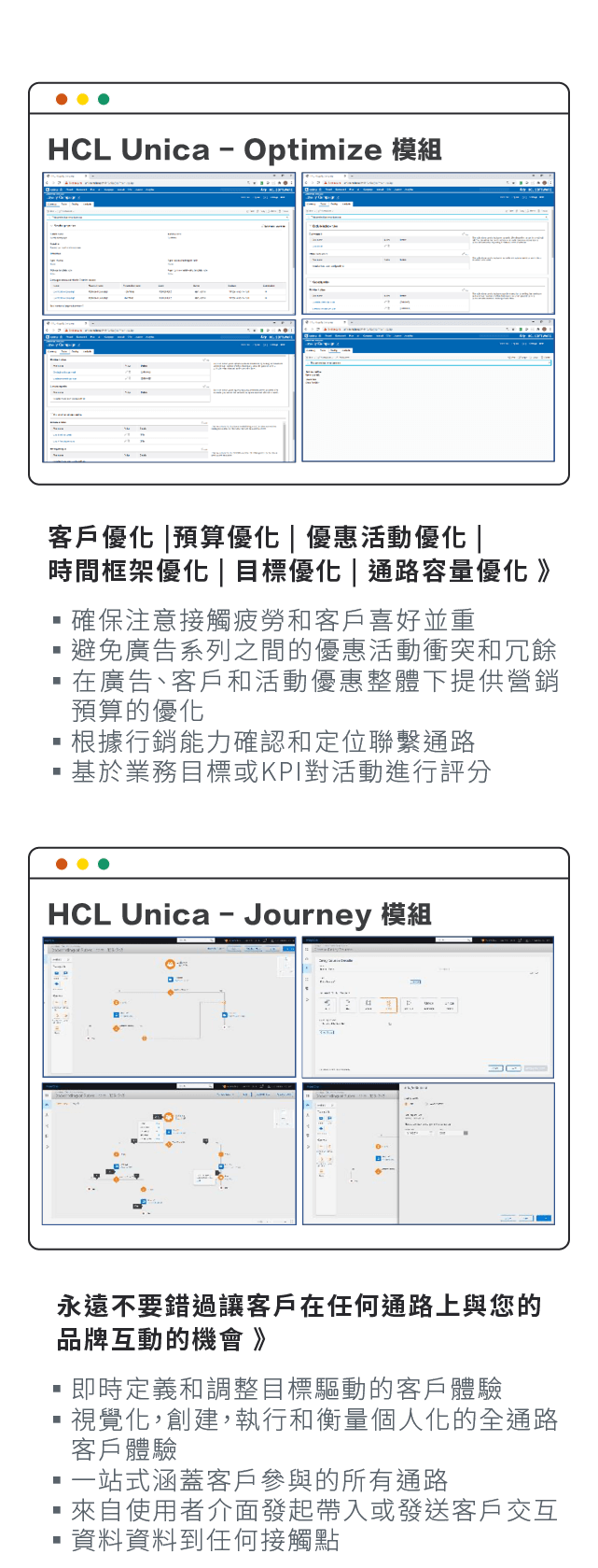 HCL Unica-Optimize 模組：確保注意接觸疲勞和客戶喜好並重、避免廣告系列之間的優惠活動衝突和冗餘、在廣告、客戶和活動優惠整體下提供營銷預算的優化、根據行銷能力確認和定位聯繫通路、基於業務目標或KPI對活動進行評分。HCL Unica-Journey 模組：即時定義和調整目標驅動的客戶體驗、視覺化，創建，執行和衡量個人化的全通路客▪戶體驗、一站式涵蓋客戶參與的所有通路、來自使用者介面發起帶入或發送客戶交互資▪料資料到任何接觸點。