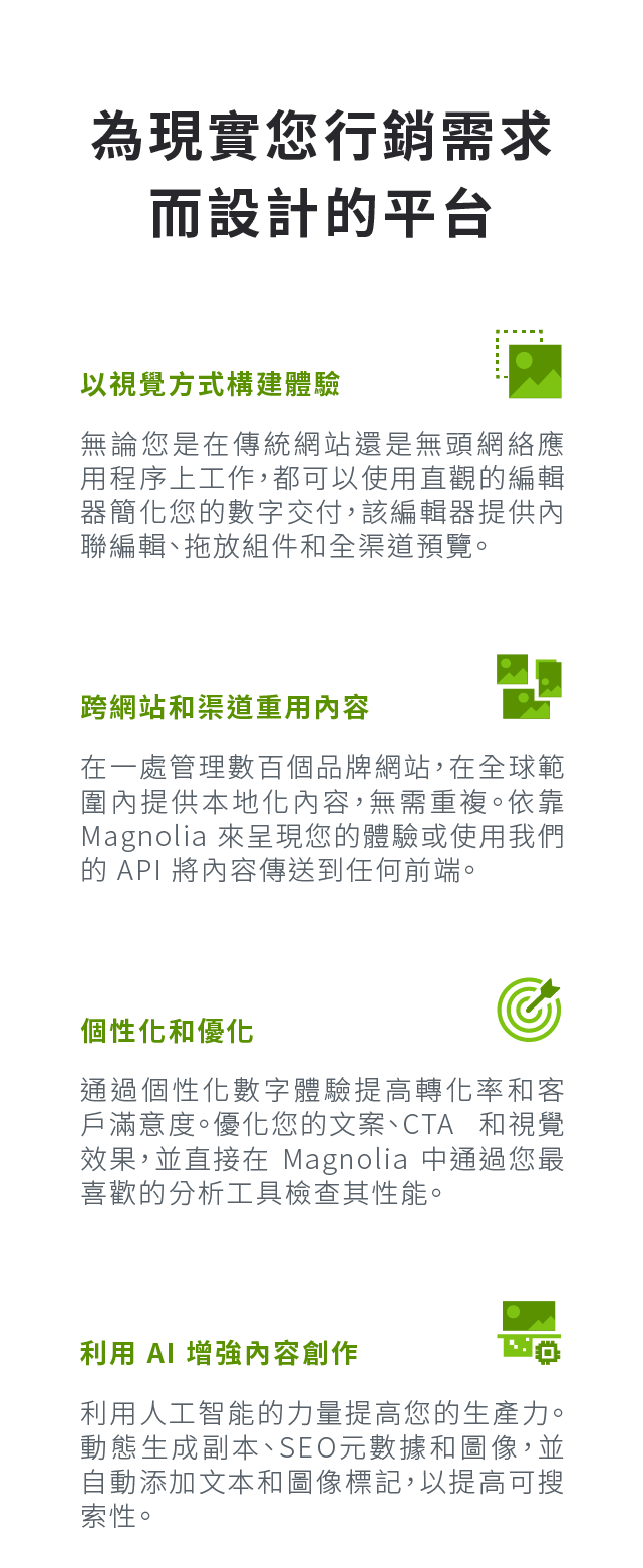 為現實您行銷需求而設計的平台:以視覺方式構建體驗、跨網站和渠道重用內容、個性化和優化、利用 AI 增強內容創作。