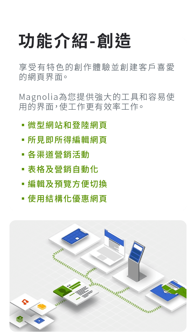 功能介紹-創造:享受有特色的創作體驗並創建客戶喜愛的網頁界面。Magnolia 為您提供強大的工具和容易使用的界面，使工作更有效率工作。