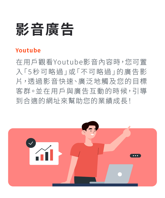 youtube影音廣告:在用戶觀看Youtube影音內容時，您可置入「5秒可略過」或「不可略過」的廣告影片，透過影音快速、廣泛地觸及您的目標客群。並在用戶與廣告互動的時候，引導到合適的網址來幫助您的業績成長！